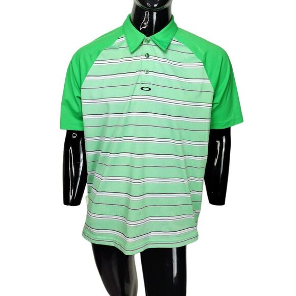 Oakley Green Striped Color Block Golf Pullover Polo Shirt Men's Size Large - Picture 1 of 8